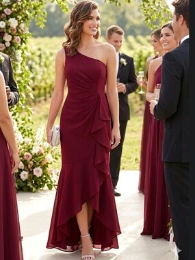 Adrianna Papell Crimson Crepe One Shoulder Ruffle Gown Dress Size 12 NWT